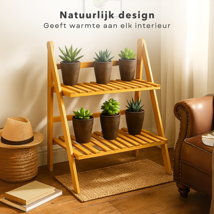 Cheqo® Bamboe Plantenrek - Plantenstandaard Bamboe - 2-Laags Plantenrek - Bamboe Materiaal - Plantenrek Binnen - Compacte Afmetingen - Lichtgewicht Ontwerp - Natuurlijke Uitstraling - Decoratief Plantenrek - Gelakt Bamboe