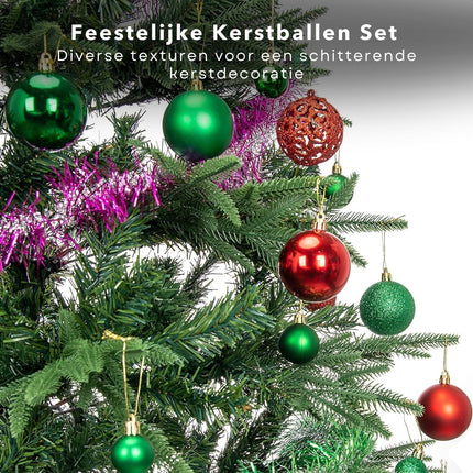 Cheqo® Luxe Kerstballen Set - Onbreekbaar - Rood/Groen - Plastic - Kerstboomversiering - Kerstversiering - Verschillende Formaten & Designs - Kerstboom - Kerstballenset - Kerstdecoratie - 50 Stuks - Met Ophangoog - Mat - Glanzend - Glitters Kerstballen