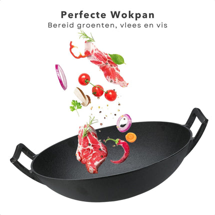 Cheqo® - Gietijzeren Wokpan - Ø36 cm - Zware Kwaliteit - BBQ en Open Vuur - Duurzaam Koken - Robuuste Handvatten - 4.3 kg - Lange Levensduur - Anti-Aanbaklaag Wokpannen
