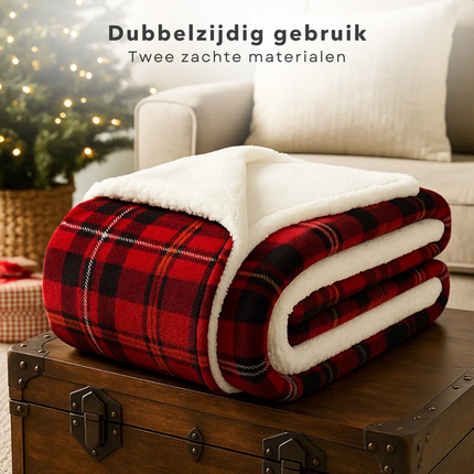 Cheqo® Kerstdeken - 200x150 CM - Plaid Rood Geruit - Flanel Sherpa Fleece - Zachte Warmteplaid - Schotse Ruit - Sfeervolle Woondecoratie - Polyester - Flanel met Print - Sherpa Achterzijde - 1200 Gram - Plaid - Woonaccessoire - Winterdeken