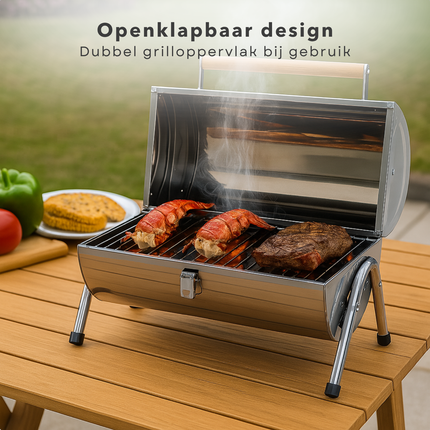 Cheqo® Draagbare Houtskoolbarbecue – Compacte Cilinder BBQ – RVS Tafelbarbecue – Opvouwbare Mini Barbecue voor Camping, Tuin, Balkon & Picknick – Dubbel Grilloppervlak – Lichtgewicht Chroom BBQ met Sluitclip – Voor Buiten & Reizen