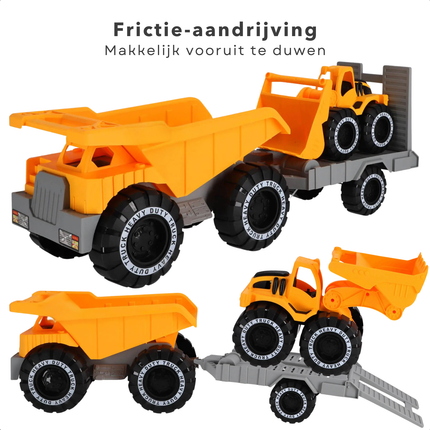 Cheqo® Bouwvoertuigen Speelgoed Set - Kiepwagen - Aanhanger - Bulldozer Speelgoed Voor Binnen en Buiten - Stevig Kunststof