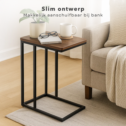 Cheqo® Bijzettafel Metaal En Hout - Banktafeltje - Zwart Metalen Frame - Bruin MDF Tafelblad - Makkelijk Aan De Bank Te Schuiven - Tafeltje - Industrieel Design - Bijzettafel Zwart En Bruin - Bijzettafel Woonkamer - Bijzettafel Modern