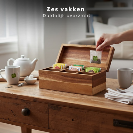 Cheqo® Theedoos - Thee Opbergdoos - Thee Bewaardoos - Theekist - Theekistje - Theezakjes Doos - Theezakjes Opbergdoos - Theezakjes Houder - Theebox - Tea Box - Theedoos 6 Vakken - Houten Theedoos