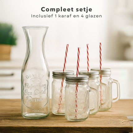 Cheqo® Glazen Drinkset - Glas met Rietje - Drinkglazen met Deksel en Rietje - Smoothie Glazen - Mason Jars met Deksel - Waterkan 1L - Duurzaam Glas
