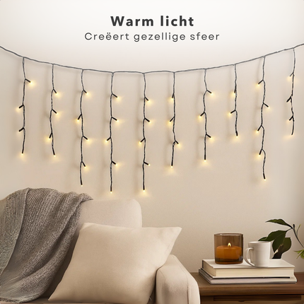 Cheqo® Ijspegel Verlichting - LED Ijspegel - Warm Wit Licht - 180 LED Lampjes - 6 Meter Lang - Lichtgordijn - Binnen En Buiten - IP44 Adapter - Kerstverlichting - Energiezuinig - Decoratieve Verlichting - Raamdecoratie - Muurdecoratie