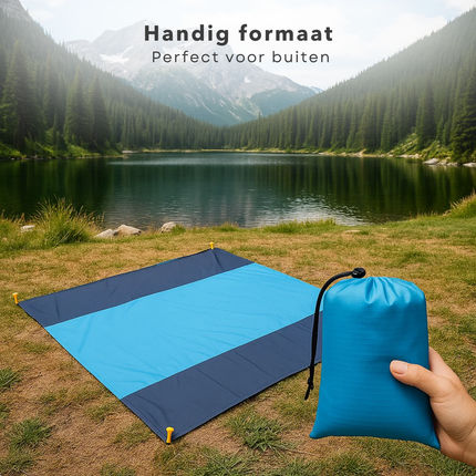 Cheqo® Strandmat Waterafstotend - Picknickkleed Groot - Lichtgewicht Strandmat - Opvouwbare Picknickkleed - Strandmat Met Haringen - Picknickkleed Met Opbergzak - 210x200 cm Kleed - Blauw Grijs Kleed - Polyester Strandmat