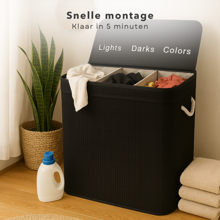 Cheqo® Wasmand 3 Vakken - Wassorteerder - Bamboe Materiaal - Zwart Design - 100 Liter Inhoud - Licht Donker Kleur - Makkelijk Te Monteren - Geen Gereedschap Nodig - Wasbare Binnenzak - Wasgoed Organizer