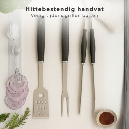Cheqo® BBQ Gereedschap Set 3-Delig RVS – Barbecue Accessoires Vork Spatel Tang – Roestvrijstalen BBQ Tools – Grill Gereedschap – Barbecue Set – BBQ Essentials – Gereedschap voor Barbecue – RVS BBQ Kit – Barbecue Tools