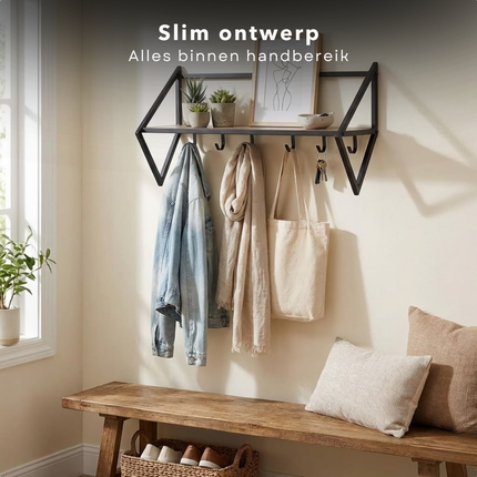 Cheqo® Wandkapstok - Kapstok met Plank - Wandkapstok met Plank - Wandkapstok met Haken - Wandkapstok 7 Haken - Zwarte Wandkapstok - Kapstok Hal - Kapstok Industrieel Zwart