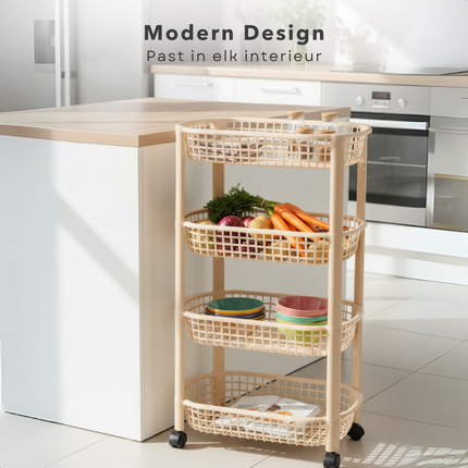 Cheqo® Keukentrolley Op Wielen - Verrijdbare Keukentrolley - 4 Lagen Trolley - Kunststof Trolley - Beige Keukentrolley - Opbergtrolley Met Manden - Keuken Opbergoplossing - Compacte Keukentrolley - Keuken Organizer - Badkamer Organizer