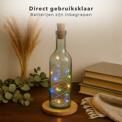 Cheqo® LED Kurk Flessenverlichting - Multicolor LED Lampjes - Lichtsnoer Op Batterijen - Decoratieve Flesverlichting - IP44 - Kurk Met Lichtsnoer - Sfeerverlichting Voor Flessen - Feestverlichting LED - 8 LED Lampjes