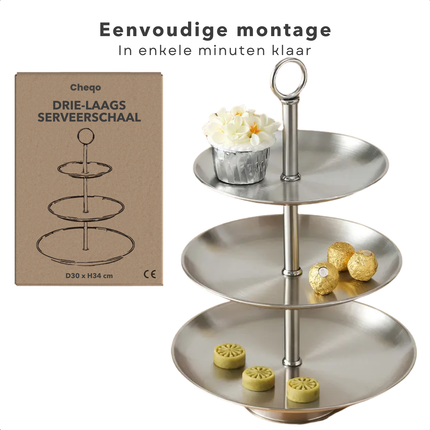 Cheqo® Etagere 3-Laags - RVS Serveerschaal - 34 cm Hoog - Ideaal voor High Tea - Serveer Schaal - Borrelplank