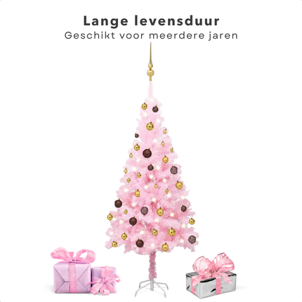 Cheqo® Roze Kerstboom - Kunstkerstboom 120 cm - Met LED Verlichting en Gouden Kerstballen - PVC