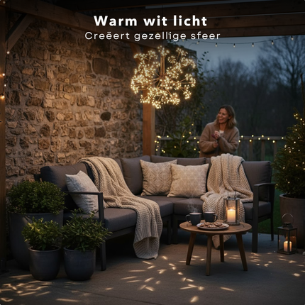 Cheqo® Lichtbol Warm Wit - Kerstverlichting Buiten - Ø 40 cm - Met Timer - Spatwaterdicht - Tuinverlichting - Micro LED-Lampjes - Zwart Snoer - IP44 Stekker - Voor Binnen En Buiten - Hangend Licht - Kerstversiering - Decoratieve Lamp - 576 LED's