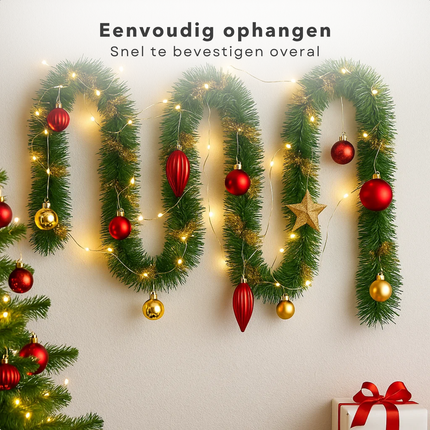 Cheqo® Kerstslinger 270 CM - Guirlande - Kerstdecoratie Groen Goud - Goudkleurige Decoratie - Kerstversiering - Groene Decoratie - Gouden Accenten - Feestelijke Decoratie - Winterdecoratie - Kerst Slinger - Kerstversiering Groen