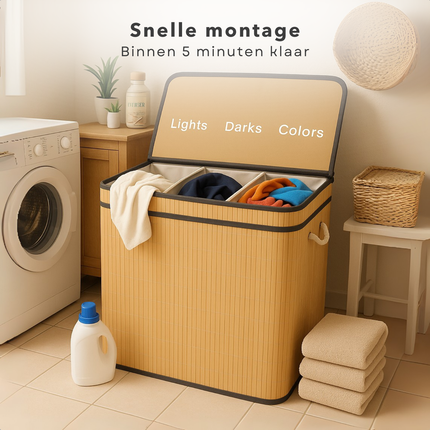 Cheqo® Wasmand 3 Vakken - Wassorteerder - Bamboe Materiaal - Uitneembare Waszak - Licht Donker Kleur - 100 Liter Inhoud - Naturel Kleur - Wasbare Binnenzak - Wasgoed Organizer - Gescheiden Was