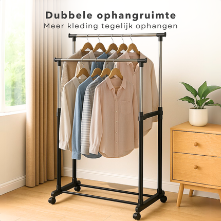 Cheqo® Dubbel Kledingrek op Wieltjes - Garderoberek - Kapstok - Kleding Rek - Kledingstang Verstelbaar & Mobiel - Metaal