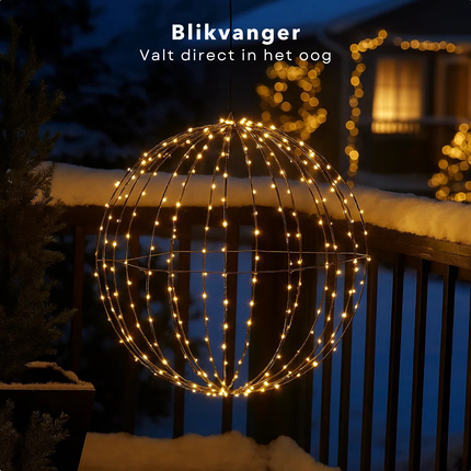 Cheqo® LED Kerstbal - Kerstverlichting Voor Buiten - Warm Witte LED-Lampjes - Verlichte Bal - Timerfunctie - Buitengebruik - Kerst Tuinverlichting - Hangende LED Bollen - Zwarte Metalen Frame - Kerstfiguur - Kerstdecoratie