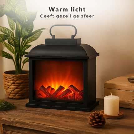 Cheqo® LED Sfeerhaard - Lantaarn Openhaard - Kunststof Frame - LED Verlichting - Timer Functie - Werkt op Batterijen - Batterij Aangedreven - Vlammeneffect - Elektrische Haard - Zwarte Lantaarn - Sfeerverlichting
