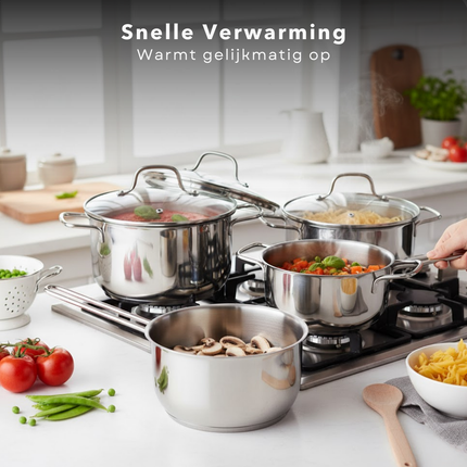 Cheqo® 7-Delige Pannenset – Roestvrij Staal – Glazen Deksel – Complete Kookgerei Set – Pannen Set - Kookpan Set – Hittebestendig Glas – Kookpannen – Veelzijdige Pannenset