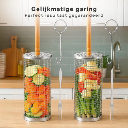 Cheqo® BBQ Grillmand Set - Rollend Grillrooster - Roestvrij Staal - Barbecue Accessoires - Houten Handvat - Vlees, Vis en Groenten - Gelijkmatige Verhitting - 30 CM Grillmand - Set van 2 - BBQ Gereedschap - Cilinder Grillmand - Buiten Koken