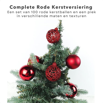 Cheqo® Luxe XL Rode Kerstballen Set - 101 Stuks - Met Piek - Onbreekbaar Kunststof - Kerstboomversiering - Kerstversiering - Verschillende Formaten & Designs - Kerstboom - Kerstdecoratie - Christmas - Met Ophangoog - Mat - Glanzend - Glitters Kerstballen