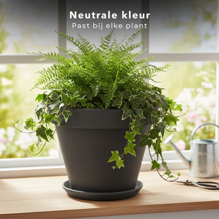 Cheqo® Bloempot Antraciet - Ronde Bloempot - Bloempot Rond - Bloempot Binnen - Bloempot Buiten - Bloempot Antraciet Rond - Bloempot 25 Cm - Bloempot Rond 25 Cm