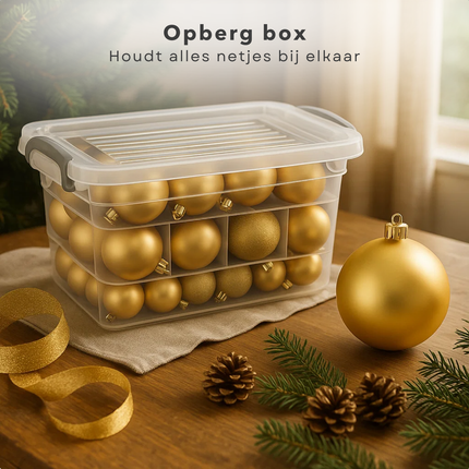 Cheqo® Kerstballen Set Goud - 70 Stuks Kerstballen - Kunststof Kerstballen - Opbergbox Inbegrepen - Mat Glanzend Glitter - Opbergdoos - Kerstversiering Goud - Kerstboom Decoratie - Gouden Kerstballen - Afsluitbaar Deksel