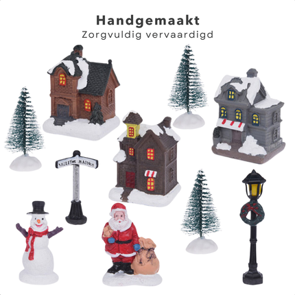 Cheqo® Kerstdorp Set - Kersttafereel - Verlichte Kersthuisjes - Kerst Decoratie - 10-Delig - Werkt op Batterijen