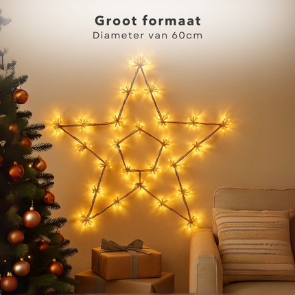 Cheqo® Kerstster 250 Led - Warm Wit Licht - Ø60cm Kerstdecoratie - Binnen En Buiten Gebruik - IP44 Beschermwaarde - Firework Effect Verlichting - 5 Meter Aansluitsnoer - Verlichte Kerstster - Blikvanger Kerstverlichting - Clusterverlichting