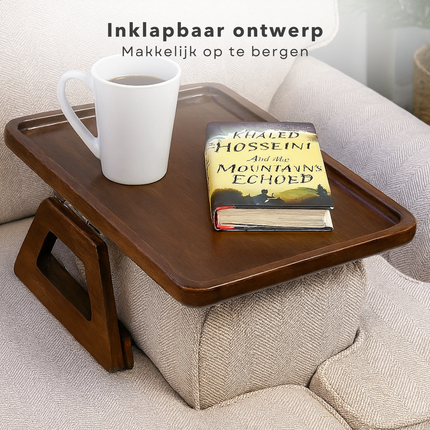 Cheqo® Armleuning Dienblad - Bamboe Dienblad - Antislip - Bruine Kleur - Inklapbaar Dienblad - Bank Dienblad - Bamboe