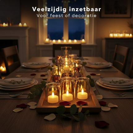 Cheqo® LED Theelichtjes - Theelichtjes Met Timer - Flikkerend Vlammetje - Warm Wit LED - Automatische Uitschakeling - 24 Stuks - Sfeervol Licht - Waxinelichtjes LED - Realistisch Vlammetje - Elektrische Kaarsen