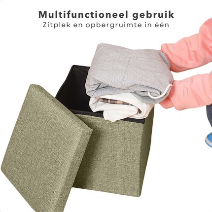 Cheqo® Opvouwbare Poef Met Opbergruimte - Groen - Opbergbox - Organizer - Voetenbankje - Hocker - MDF en Katoen
