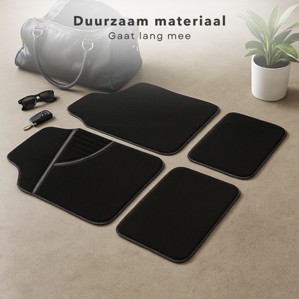 Cheqo® 4 Stuks Automatten - Auto Vloermatten - Anti-SlIP Laag - Zwart/Wit Automatten - Pvc/Polyester Materiaal - Universele Automatten - Voor En Achter - Stijlvol Auto Interieur - Eenvoudig Schoon Te Maken - Automat Set