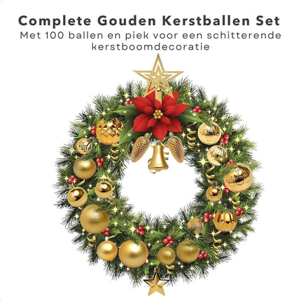 Cheqo® Luxe Gouden Kerstballen Set - Met Piek - 101 stuks - Kunststof - Kerstboomversiering - Kerstversiering - Onbreekbaar - Verschillende Formaten & Designs - Kerstboom - Kerstballenset - Kerstdecoratie - Kerst - Christmas Kerstballen