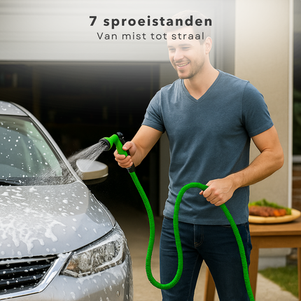 Cheqo® Flexibele Tuinslang Set 10-20M – Elastische Uitrekbare Slang – Lichtgewicht Kunststof – Sproeikop met 7 Standen – Koppelstuk Meegeleverd – Tuinbewatering – Ruimtebesparend Ontwerp – Tuin Onderhoud