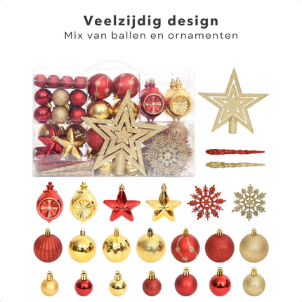 Cheqo® 108-delige Kerstballenset - Kerstballen Set - Onbreekbare Kerstdecoratie - Goud en Rood - Kunststof Ornamenten