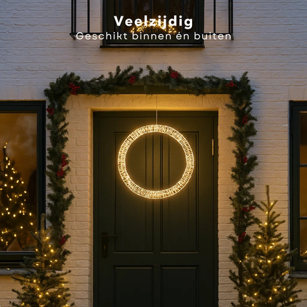 Cheqo® Kerstkrans Kerstverlichting - Warm Witte LED Krans - Kerstfiguur - IP44-Stekker - Timerfunctie Verlichting - Raamdecoratie Kerst - Tuinverlichting Cirkel - 1200 LED-Lampjes - Deurkrans - Kerstdecoratie Buiten
