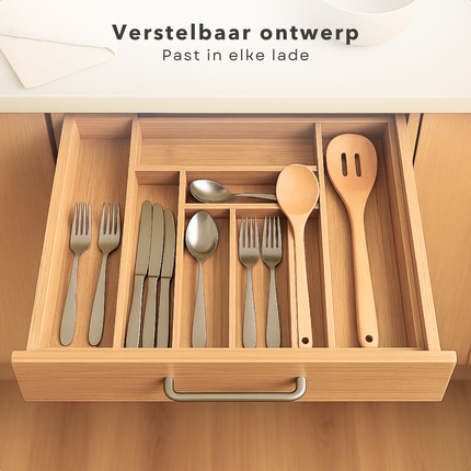 Cheqo® Uitschuifbare Bamboe Bestekbak - Keukenlade - Besteklade Uitschuifbaar - Verstelbare Lade Organizer - Bestekhouder - Hout
