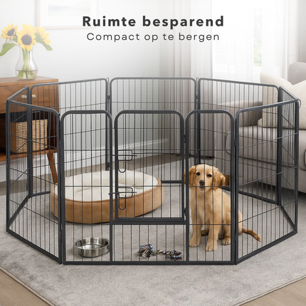 Cheqo® Opvouwbare Hondenren Zwart – Puppyren 80 cm Hoog – 8 Panelen met Deur – Metalen Hondenkennel – Binnen- en Buiten Gebruik – Weersbestendig – Verstelbare Kattenren – Compact Opbergen – Zonder Gereedschap