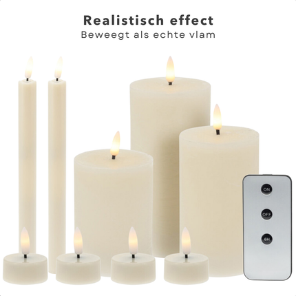 Cheqo® Oplaadbare LED Kaarsen met Bewegende Vlam - 9-Delig - Witte Wax - Met Afstandsbediening - Nep Kaarsen met Flikkerende Vlam - Dinerkaarsen
