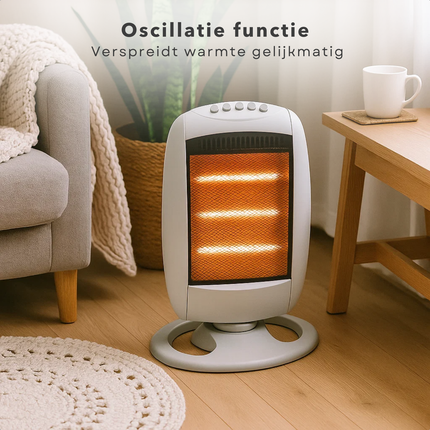 Cheqo® Halogeen Kachel - Elektrische Kachel - Draagbare Halogeen Heater - 3 Warmtestanden - 1200W Vermogen - Compacte Kachel - Bijverwarming - Oscillatiefunctie - Omvalbeveiliging - Oververhittingsbeveiliging - Instant Warmte - Draaghendel