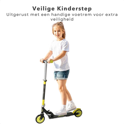 Cheqo® Kinderstep Zwart / Lime - Verstelbare Hoogte - Met Voetrem - PP Wielen - Aluminium Stuur - Draagvermogen van 50 KG - Step - Jongens/Meisjes - Veilig en Stabiel - Cadeau Voor Kinderen - Speelgoed - Verhoogd Coördinatie & Balans - Opvouwbaar Kinderstepjes
