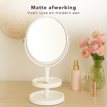 Cheqo® Make-Up Spiegel met Oganizer - Scheer Spiegel - Vergroot Spiegel - Makeup Spiegel met Houder - Wit - Dubbelzijdig - Metaal