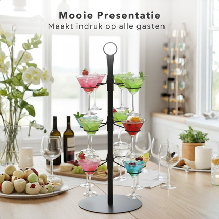 Cheqo® Cocktailboom - Etagere Voor Glazen - Cocktail Standaard - Geschikt Voor 12 Glazen - Metaal Zwart - Cocktailglazen Houder - Decoratieve Etagere - Cocktail Toren - Thuisbar - Feest Decoratie - Cocktail Boom - Martinitoren