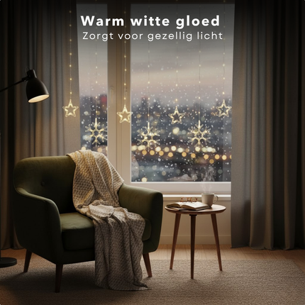 Cheqo® Kerstverlichting Lichtgordijn - Sterren En Sneeuwvlokken - 120x120 cm - Op Batterijen - Warm Wit Licht - 120 Micro LED - Automatische Timer - 8 Lichtfuncties - IP44 - Buiten En Binnen Gebruik - Kerstdecoratie - Lichtnet