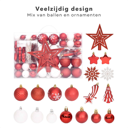 Cheqo® 108-delige Kerstballenset - Kerstballen Set - Onbreekbaar Kunststof - Rood en Wit - Lichtgewicht Decoratie