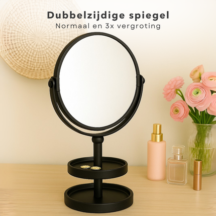 Cheqo® Make-Up Spiegel met Oganizer - Scheer Spiegel - Vergroot Spiegel - Makeup Spiegel met Houder - Zwart - Dubbelzijdig - Metaal