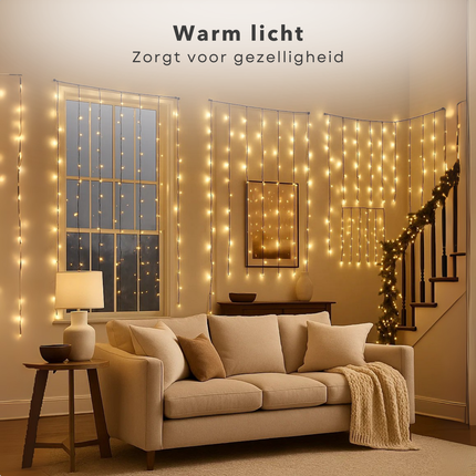 Cheqo® Gordijnverlichting Warm Wit - LED Gordijn - Watervaleffect - 220 LED Lampjes - 200x100 Cm - Lichtgordijn Binnen En Buiten - Kerstverlichting - Transparante Kabel - IP44 Bescherming - 5 Functies Geheugen - Ijspegel Verlichting